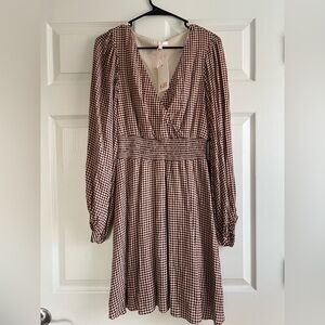 NWT GB Gianni Bini Brown Gingham V-Neck Smocked Waist Long Sleeve Dress Large